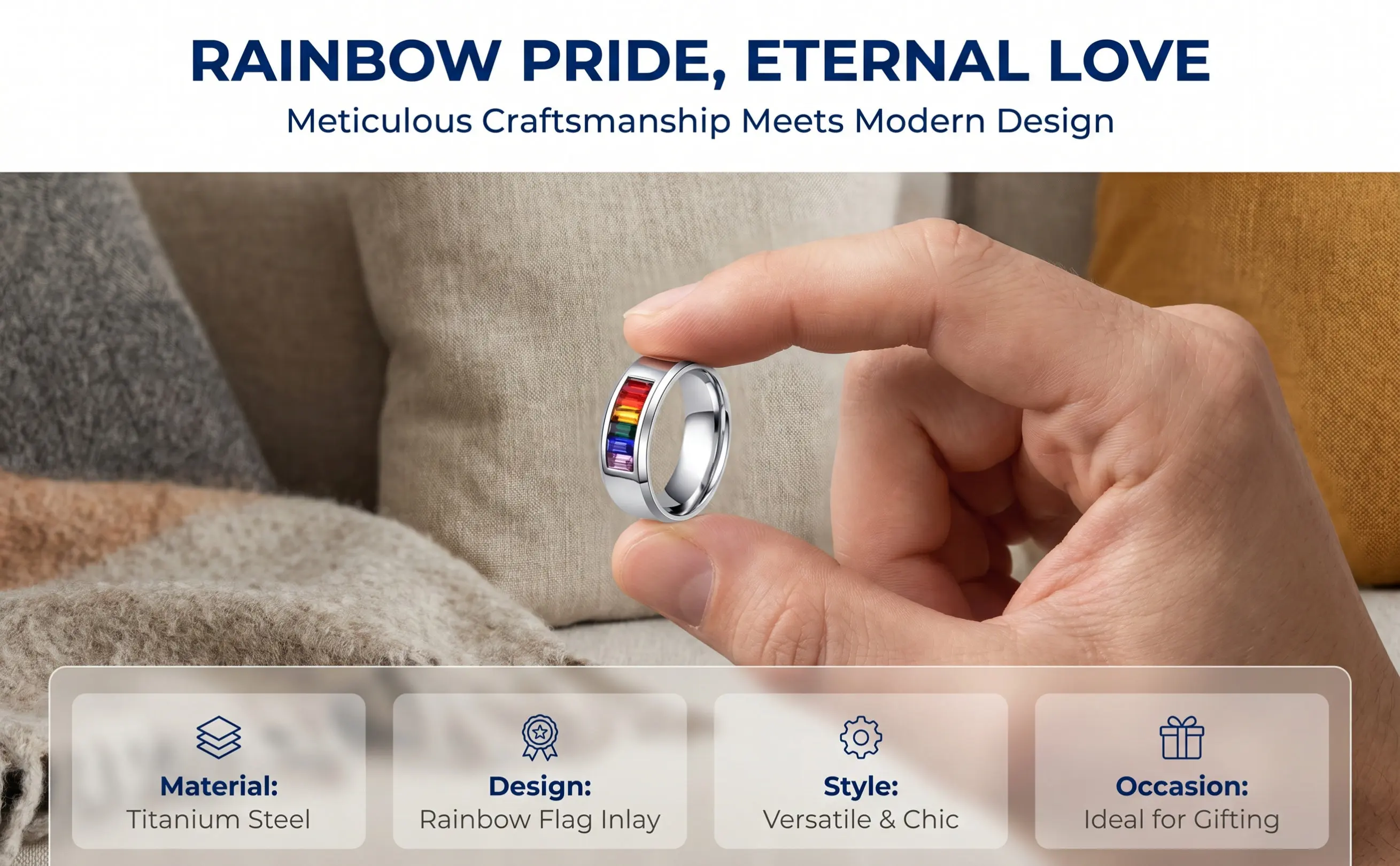 1Pcs Rainbow Pride Titanium Steel Ring Colorful Rhinestone Inlaid Stylish Elegant Finger Decoration for Pride Month Events