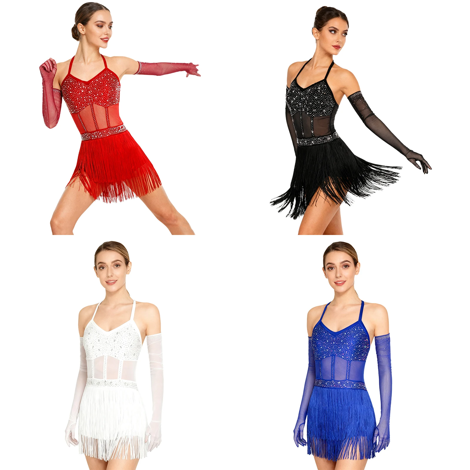 Women Shiny Rhinestone Sheer Mesh Tassels Latin Dance Leotard Dress Figure Skating Tango Cha-cha Ballroom Samba Rumba Bodysuit