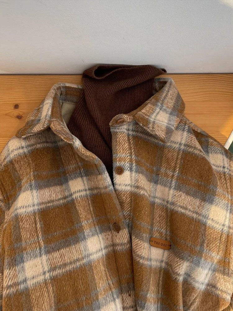 

Vintage Plaid Shirts for Women Y2K Autumn Loose Thick Single-Breasted Lapels Blouse Female Korean Preppy Casual Long Sleeve Tops