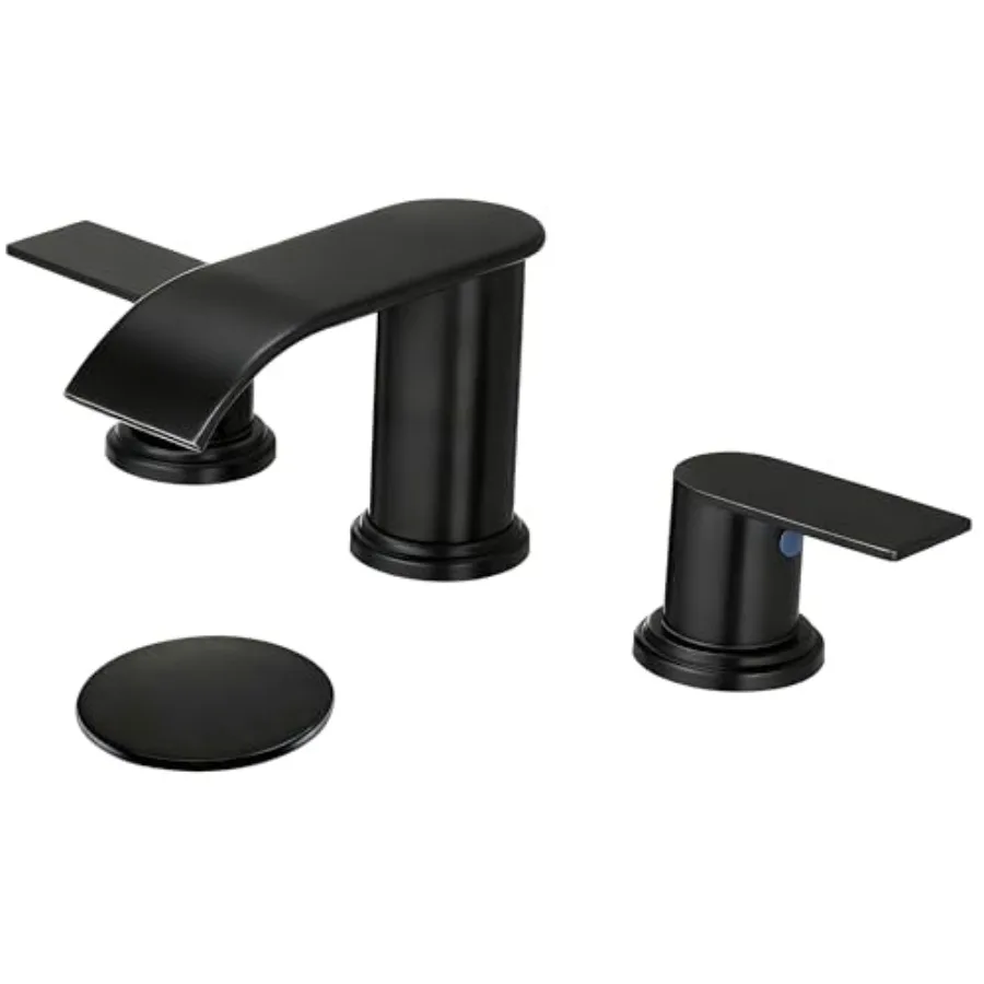

Waterfall Bathroom Faucet 3 Holes, Widespread Faucet 2 Handle Lead-Free Black, Bathroom Faucet with Water Supply Les Pop Up Dra