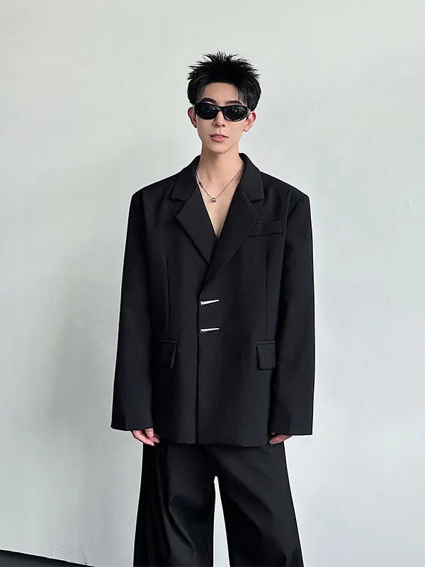 

TANGZ Studio Men's Casual Bla Suit Jaet Faionable Metal Bule oulder Pad High-End Feeling Loose Fit Polyester Fiber