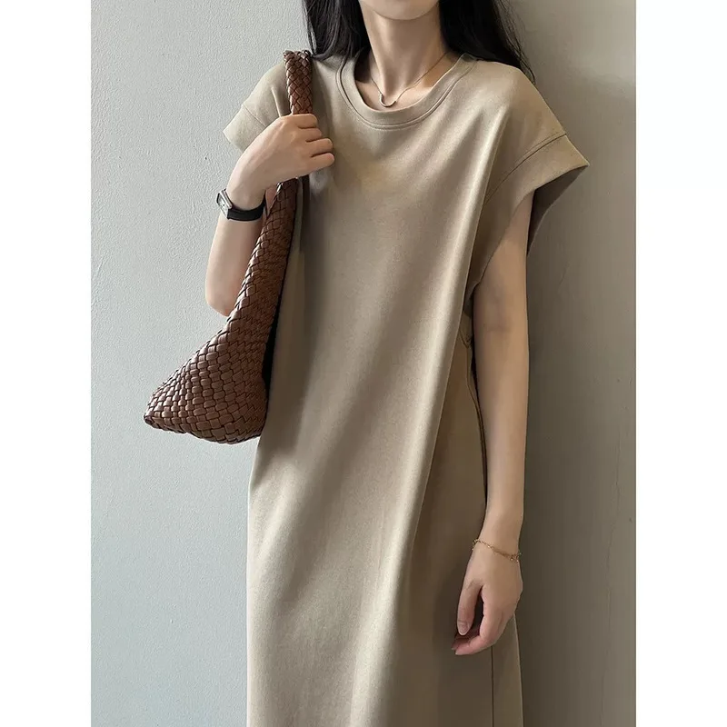 

Summer New Loose Plus Size Short Sleeve Dress Women Mid Long Round Neck T Shirt Casual Simple Skirt Comfortable Breathable