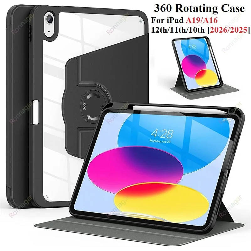 

360 Rotation Case for iPad A19 12th 2026 A16 11th 10th 10.9 Air11 13 M2 M3 M4 M5 Pro11 12.9 13'' 10.2 7 8 9th with Pencil Holder