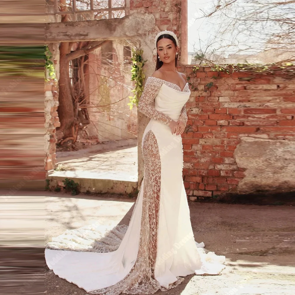 

Elegant Lace Long Sleeves Women Wedding Dresses Fashion Mermaid Bridal Gowns Mopping Length Banquet Vestidos De Novia Customized