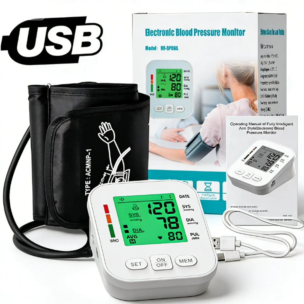Monitor Digital de Pressão Arterial para Braço Superior, Tensiômetro, Medidor de Frequência Cardíaca, Esfigmomanômetro, Tonômetro, Máquina de Pressão Arterial com Braçadeira Grande