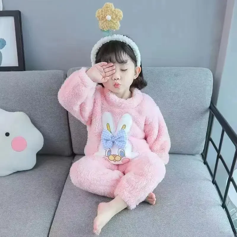 Children\'s Home Suit Set Girls\' Autumn/Winter Korean Edition Thickened Baby Coral Fleece Two Piece Sleepwear Set