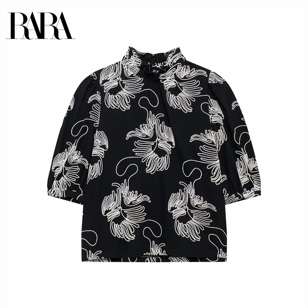 2024 RARA Autumn/Winter New Product Puff Short Sleeve Contrast Embroidery Decoration High Collar Long Sleeve Shirt