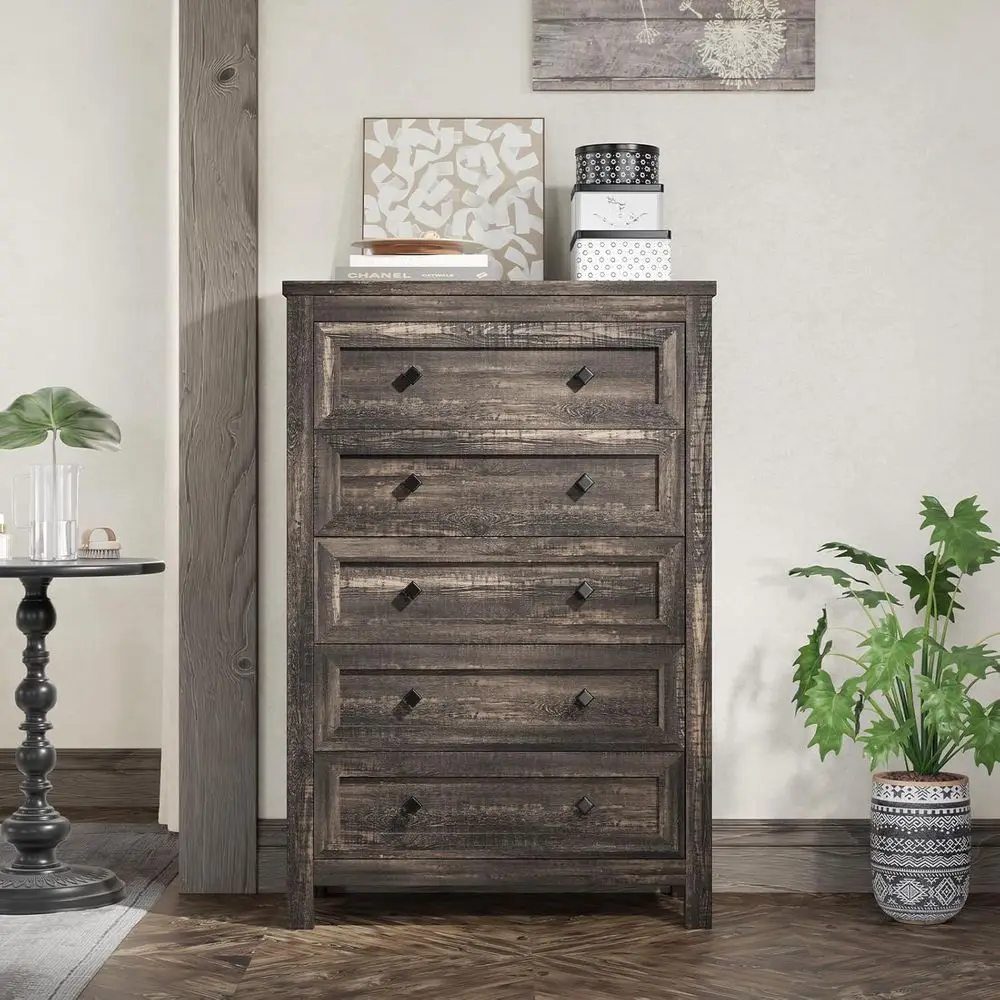 5 Drawer Tall Wood Chest for Bedroom, Hallway, and Entryway in Natural Texture Finish