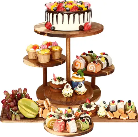 4-Tier Wooden Cupcake Stand with Serving Platters - Brown, Durable Bamboo Dessert Display for Parties & Events