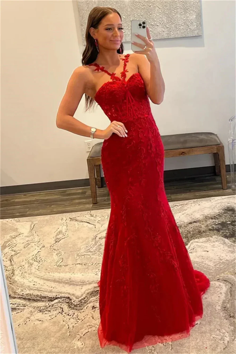 Vestidos De Noche rojos personalizados con cuello Halter, Vestidos De Noche sin mangas De sirena para graduación, apliques De encaje hasta el suelo, tul Formal