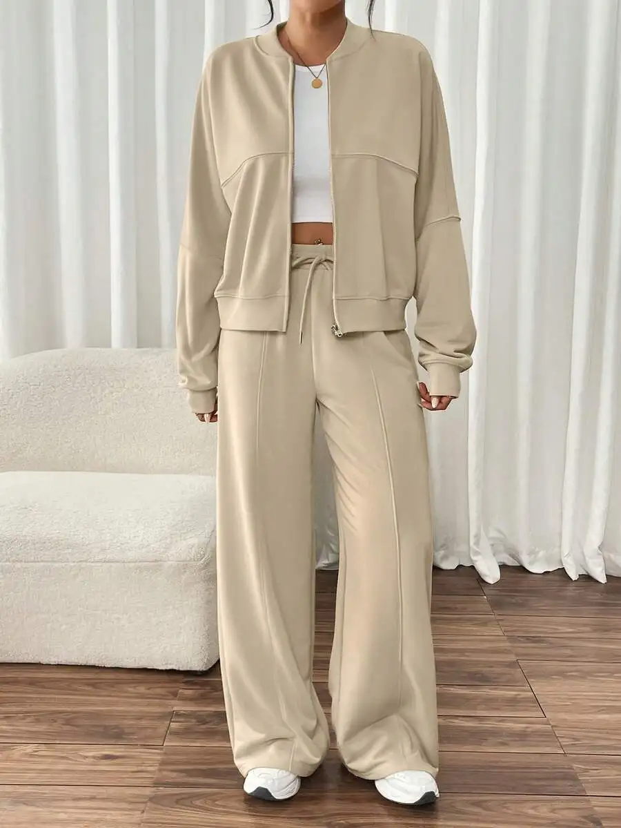 

Beige 2-Piece Women's Casual Sporty Set: Cropped Zip-Up Jacket & High-Waist Wide-Leg Pants