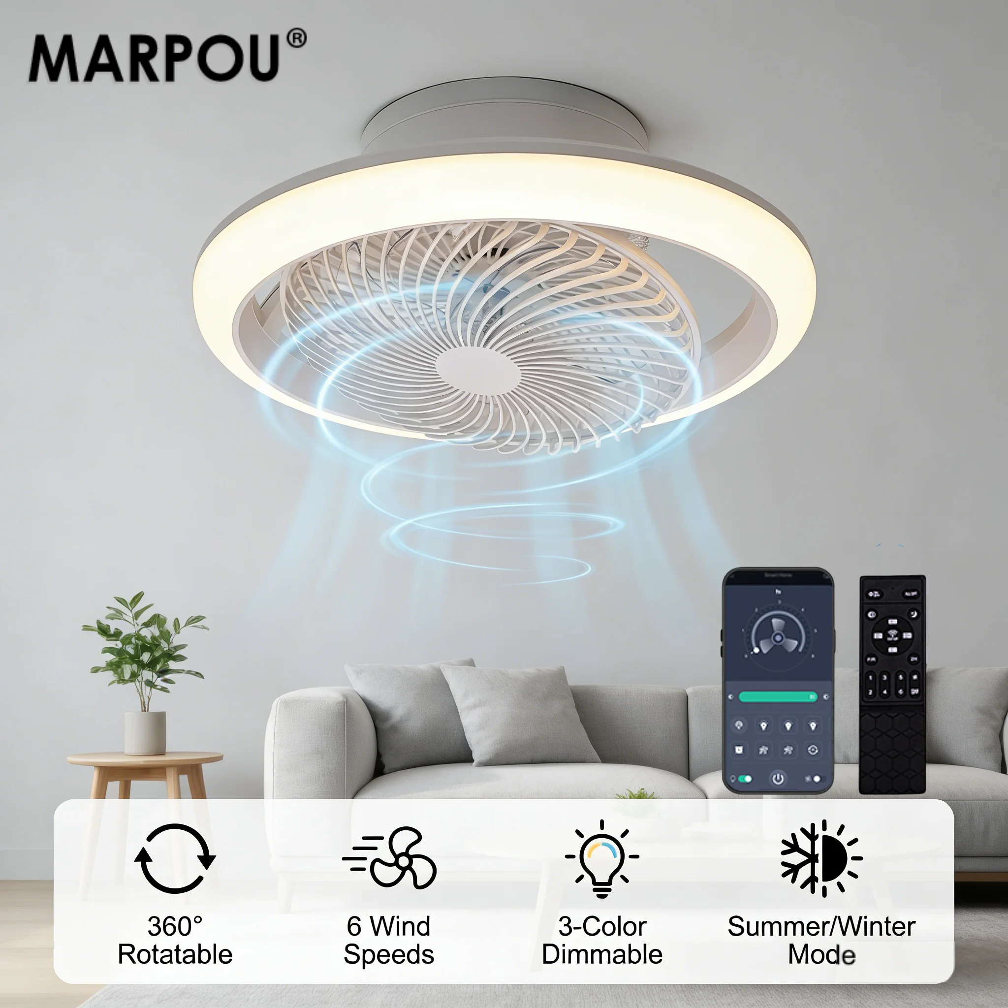 MARPOU 360 ° Ventilador de Techo Giratorio con Luces, Control Remoto por Aplicación, Regulación de Intensidad, Lámpara de Ventilador Moderna, 6 Velocidades de Viento, Flujo de Aire Reversible, Interior