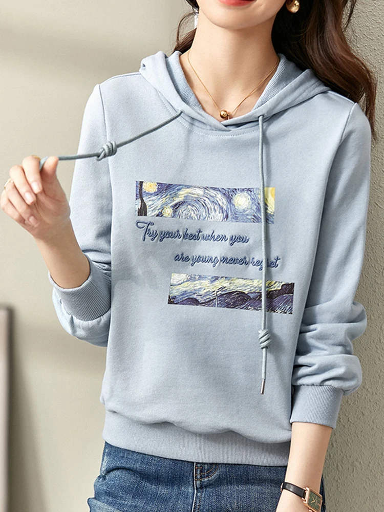 SENTUBILA Graphic Hoodies for Women Pullover Print Embroidery Hooded Sweatshirts 2024 Spring Fashion Long Sleeve Tops 123A43517