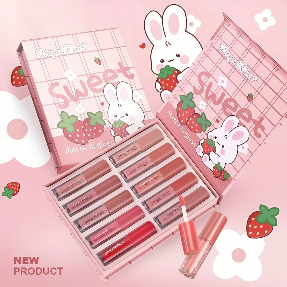 Juego de 10 brillos de labios no es fácil de teñir, caja de regalo mate, lápiz labial líquido, dibujos animados bonitos