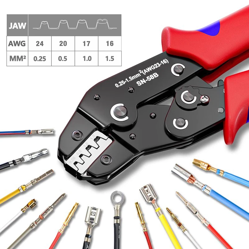 SN-58B 0.25-1.5MM², AWG24-16 Non-insulated Crimper for Dupont Jumper Wire EPS PCIE SATA PINS MOLEX JST Terminals Crimping Plier