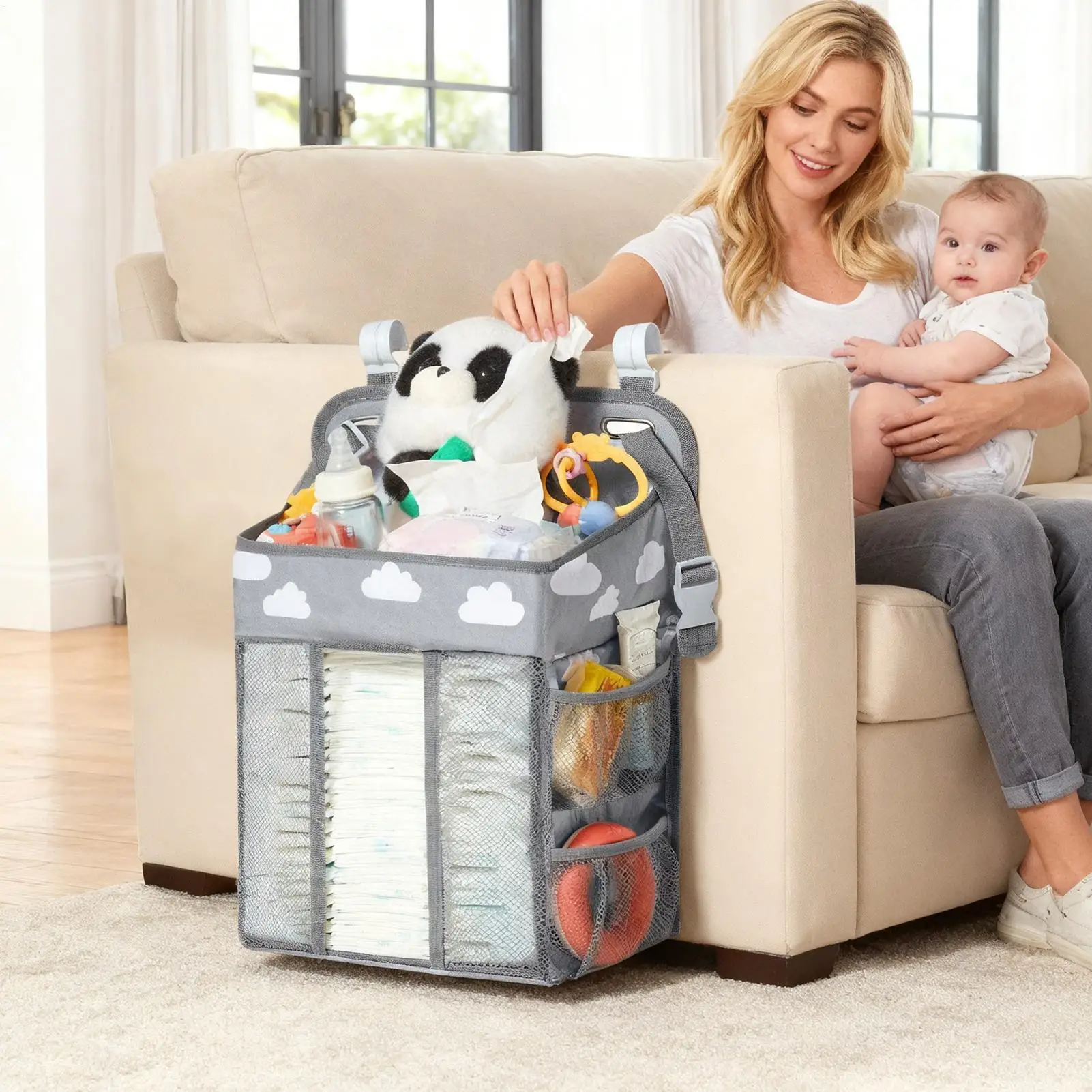 حامل حفاضات لسرير الأطفال قابل للتعديل متعدد الجيوب منظم تخزين أشياء الطفل تغيير طاولة الحضانة مكدس حفاضات لباب الحائط