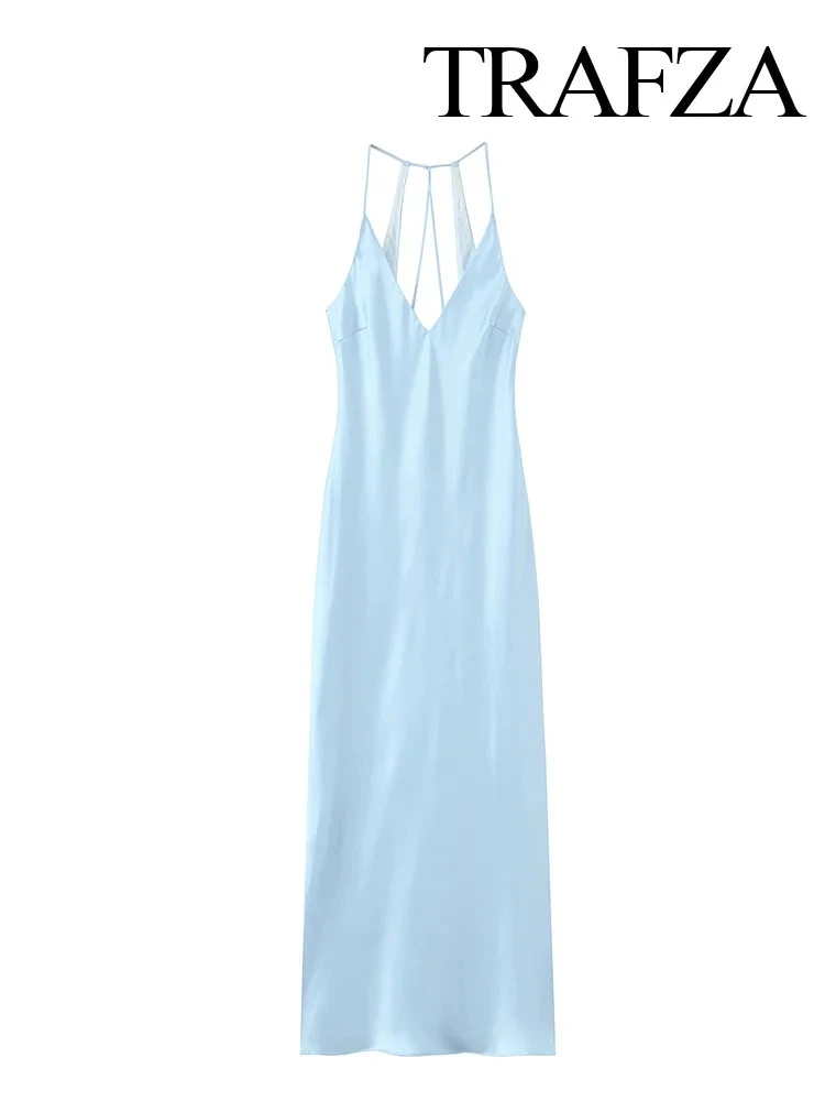 TRAFZA Abito estivo da donna Scollo a V Lingerie Raso di seta Texture Abiti lunghi midi Abito lungo senza maniche sexy elegante femminile