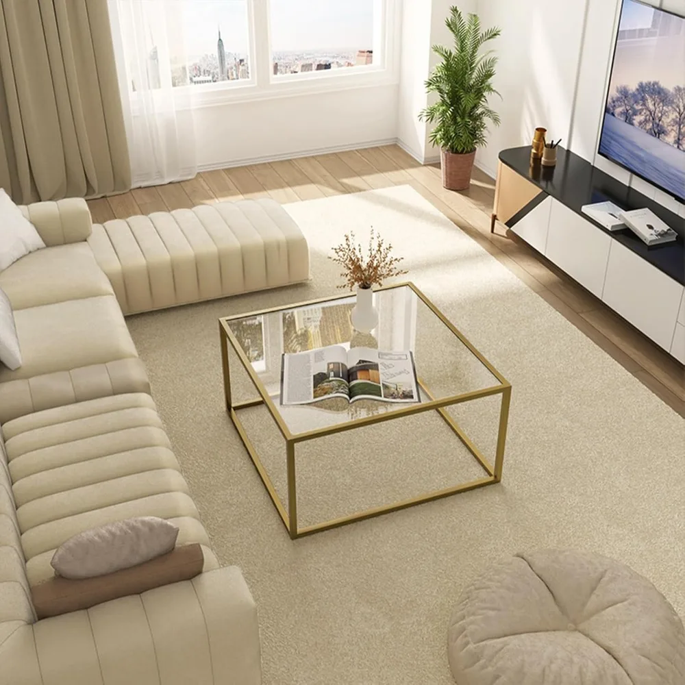 Golden modern glass coffee table, simple square central table for small spaces, for living room home office, easy to assemble