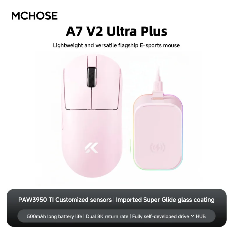 MCHOSE A7 V2 Ultra Gaming Muis PAW3950 TI Sensor Dual 8000Hz 20000fps 42000DPI 750IPS Geïmporteerde Super Glide Glas Coating CSGO