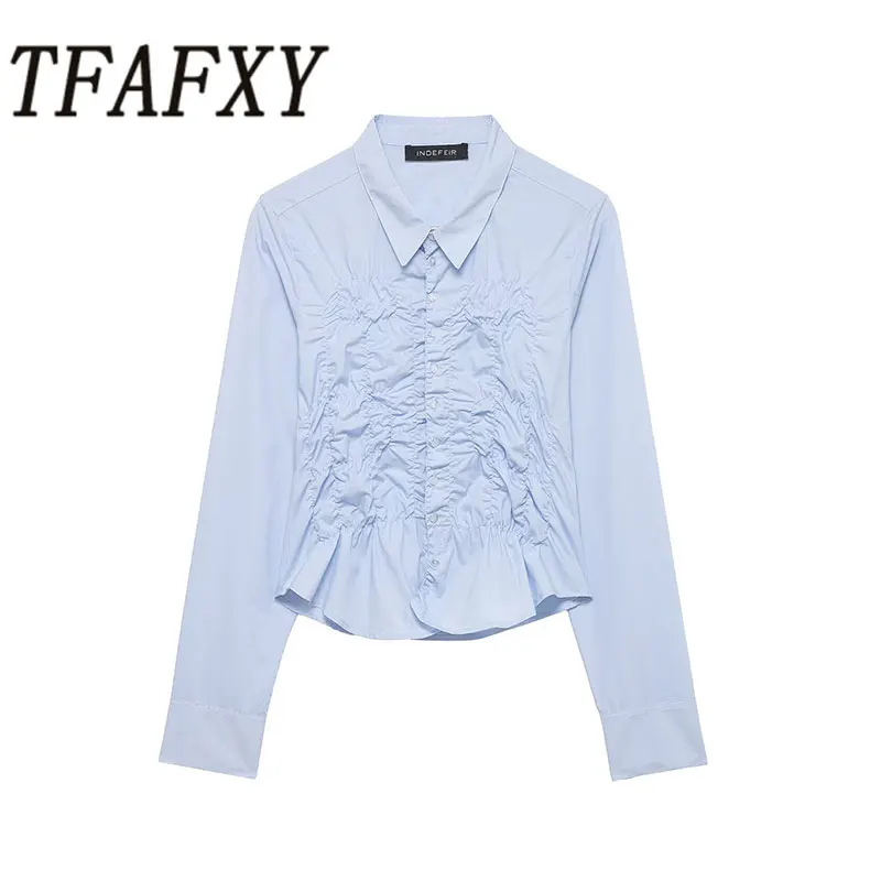 TFAFXY Damen Kurzbluse mit Faltenoptik, Frühling 2026, Langarm, Revers, Einreihig, Schmal Geschnittenes Hemd, Crop Top Y2K