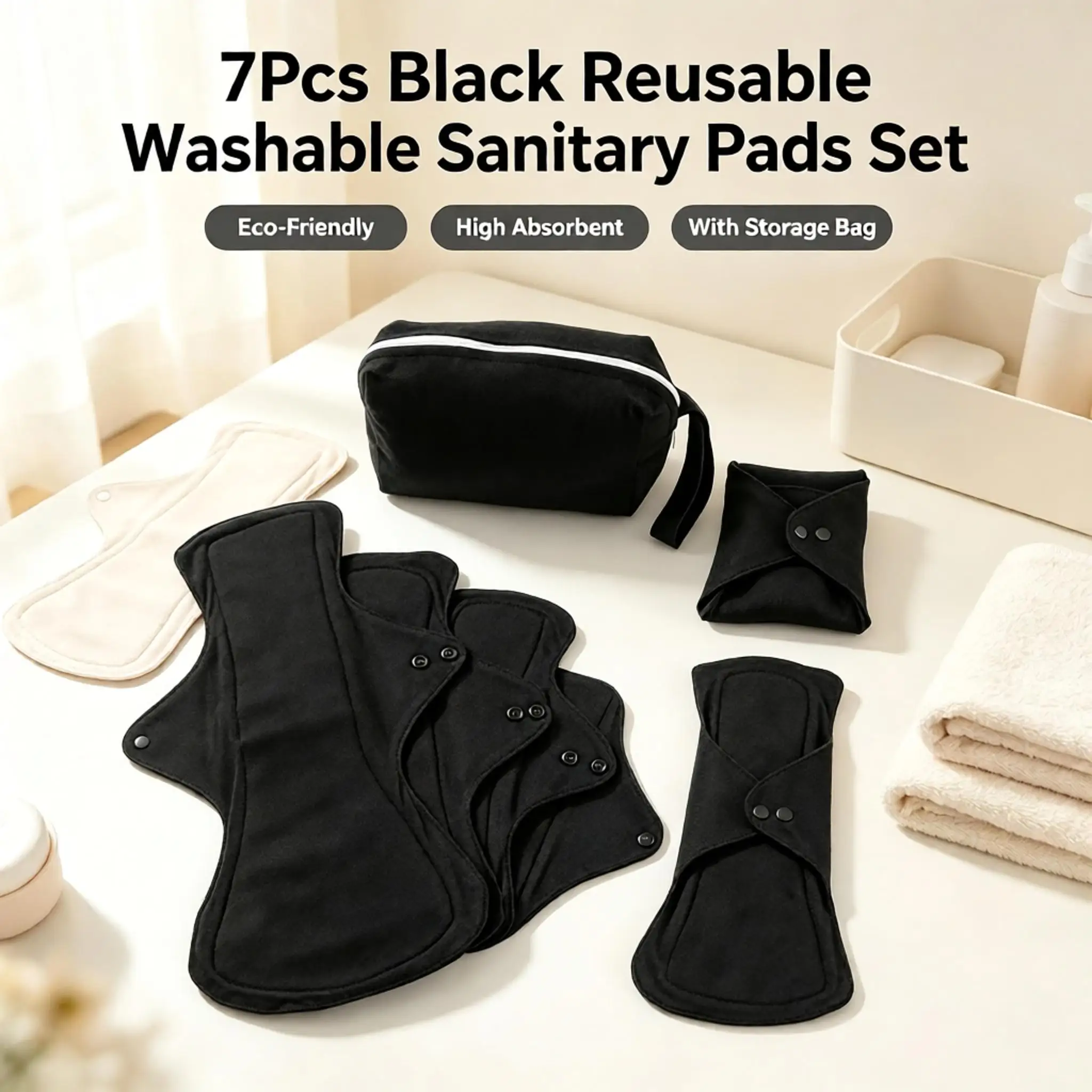 7Pcs Set Black Washable Sanitary Pads High Absorbent Eco‑Friendly Leakproof Breathable Reusable Pads For Postpartum Care