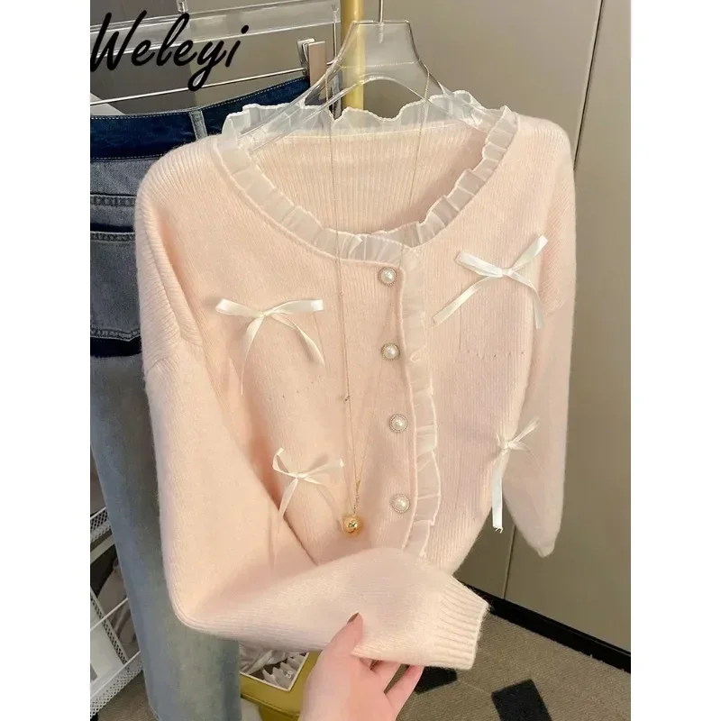 Girly Style Women Pink Sweater Top with Bow Ribbon 2024 Autumn New Soft Glutinous Lace Stitching Long Sleeve Knitted Cardigan