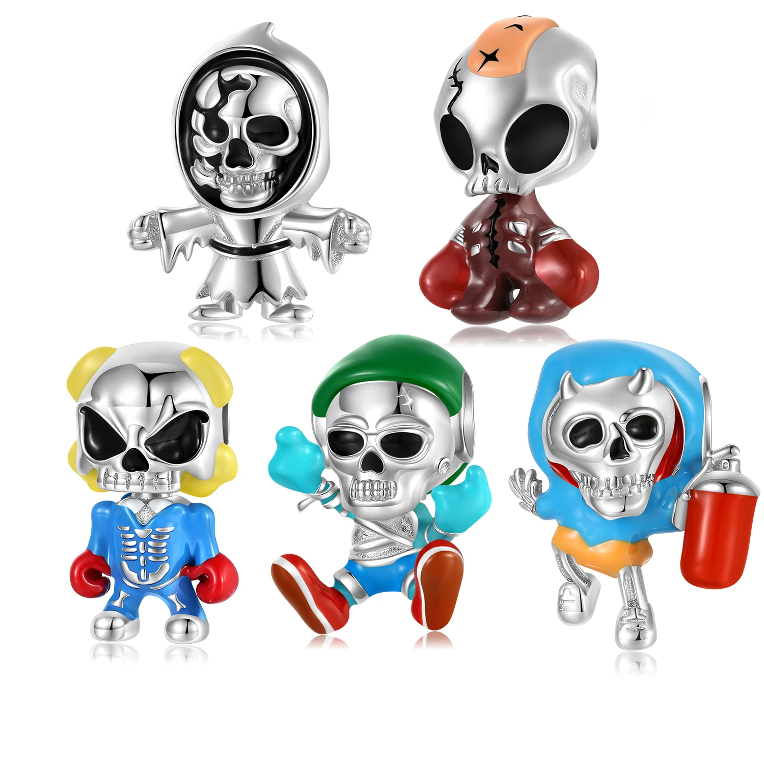 Jiuhao 925 Sterling Silver Boxing Skull Sports Style Adventurer Color Enamel Bead Charms for Women Diy Making