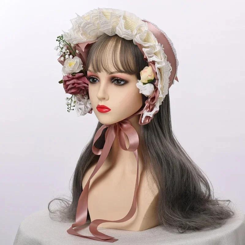 Bonnet Lolita pour fille, chapeau de paille vintage victorien avec fleurs en dentelle OHoV9