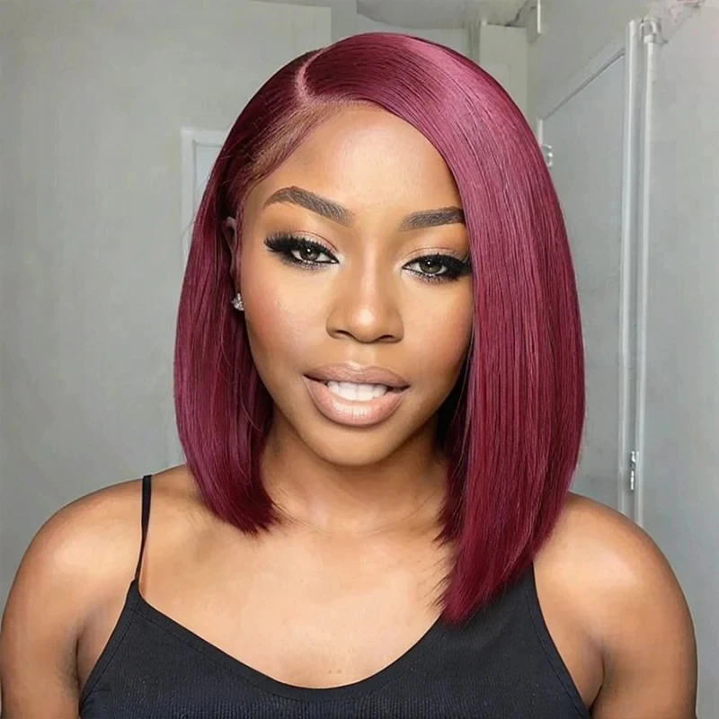 

180% Density 99J Burgundy Short Bob Wig 13x4 Full Frontal HD Transparent Lace Wigs Blunt Cut Bone Straight Bob Wig Pre Plucked