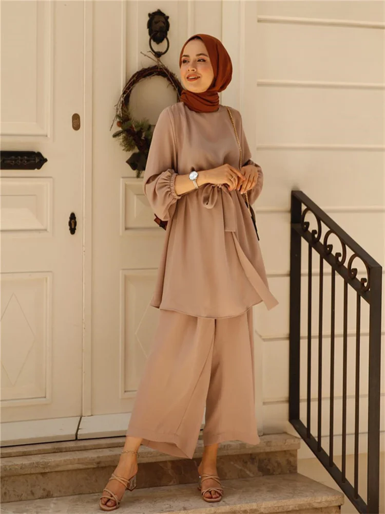 Eid Two-piece Muslim Sets Abaya Turkish Tops Pants Vetment Femme Hijab Dress Abayas For Women Musulman Ensembles Islam Clothing