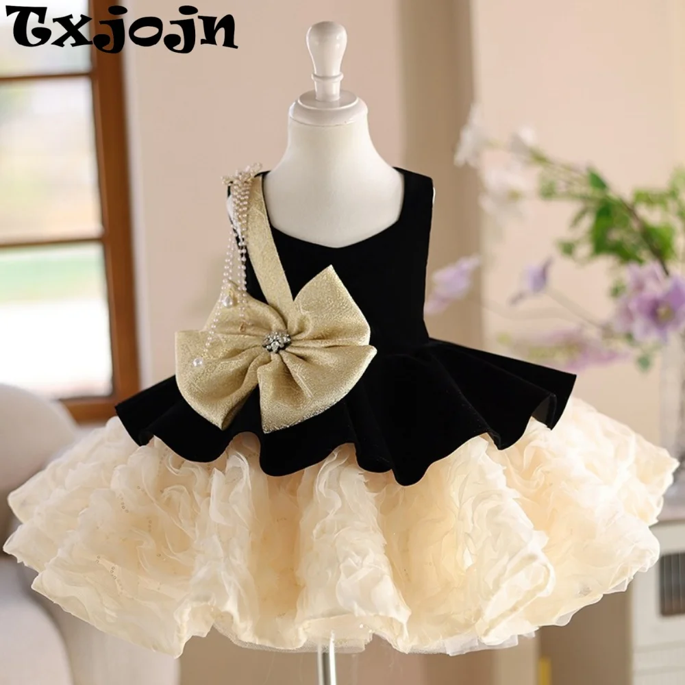 Txjojn Girls Ruffled Sequined Tulle Dresses Christmas Party Outfit Elegant Velvet Bow Kids Princess Gown For Wedding Birthday