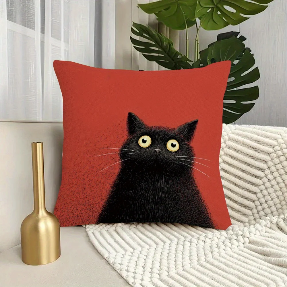 Red Pillow Cover Black Cat with Yellow Eyes Illustration on Textured Background 18x18 Inch Square Decor Cushion cover