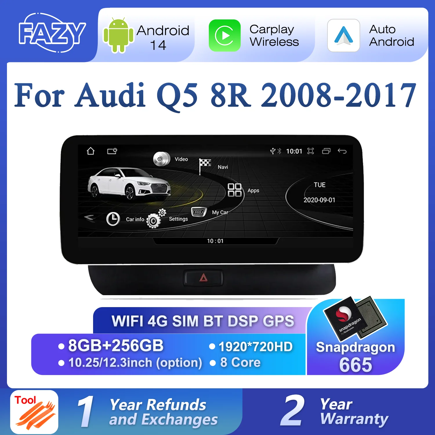 

Android 14 авто радио Carplay для Audi Q5 8R 2008-2017 мультимедийный плеер WiFi 4G LTE 8 + 128 ГБ IPS сенсорный экран GPS DSP навигация