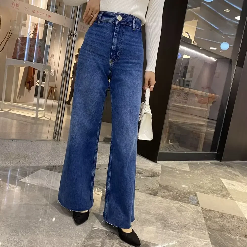 Damen schicke Mode Temperament Joker Marine hohe Taille gerade Jeans Retro Reiß verschluss Damen Denim Stoff Hosen Mujer