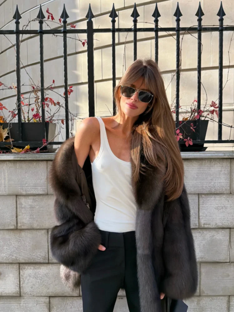 Warm Luxury Faux Fox Fur Overcoat Wide Lapel Loose Mid Length Fluffy Warm Jacket Winter Elegant Street Commute Chic Outerwear