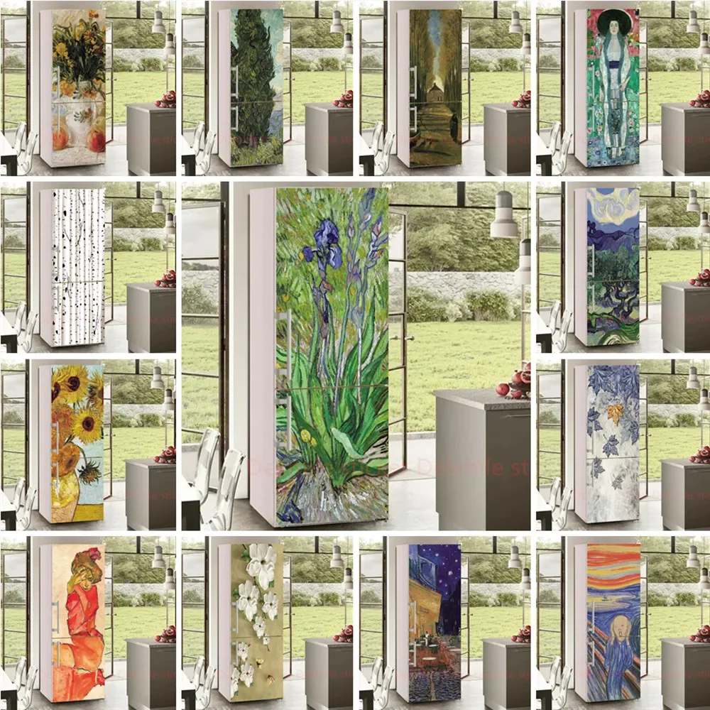 שמן ציור צמח מקרר מדבקת מלא דלת כיסוי דביק PVC נוף יער מטבח מקרר מקפיא טפט אמנות