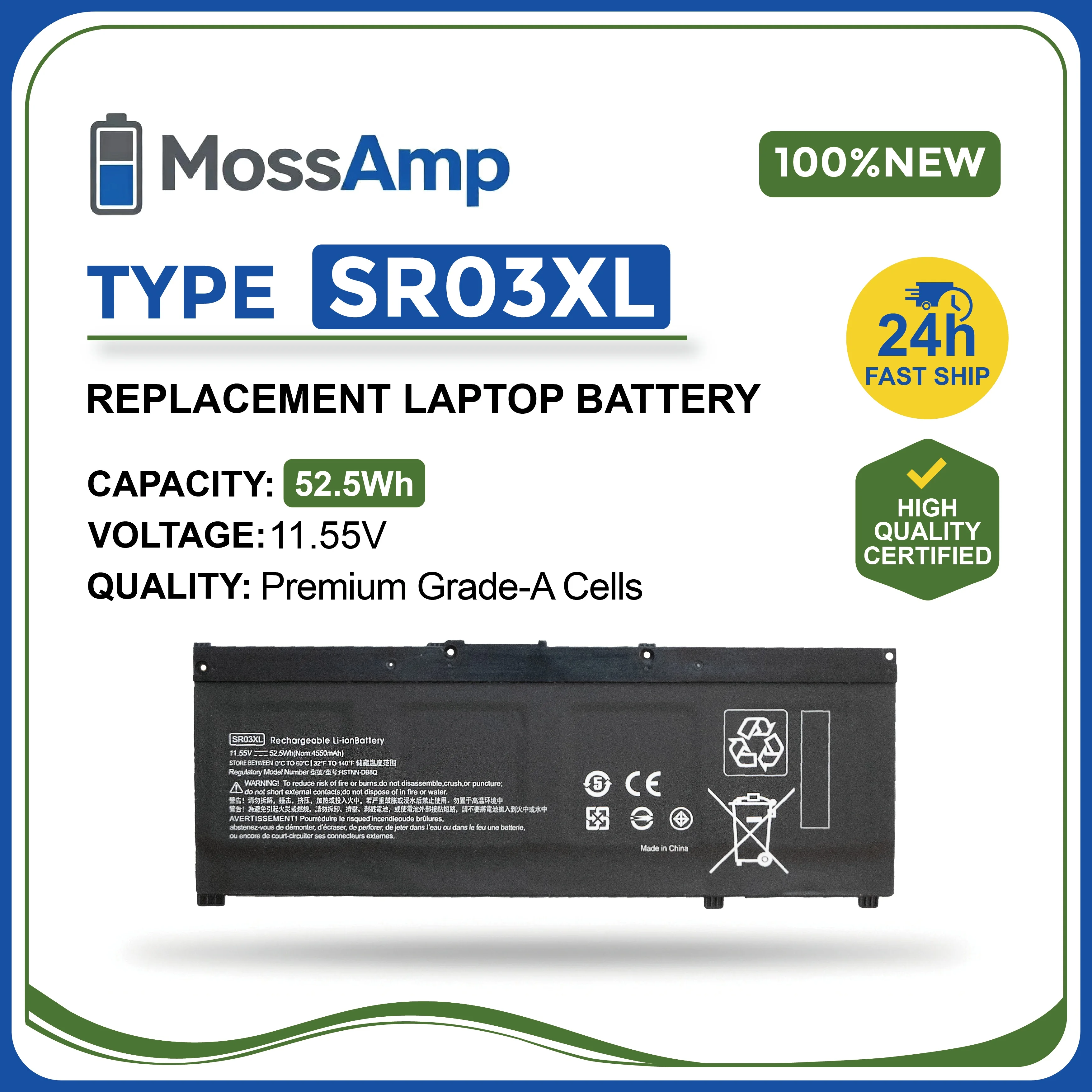 MossAmp 11.55V 52.5WH SR03XL Laptop Battery for Pavilion Gaming OMEN 15-cx 15-dk 15-dc 15-ce 17-cb Power 15-cb 917678-2B1