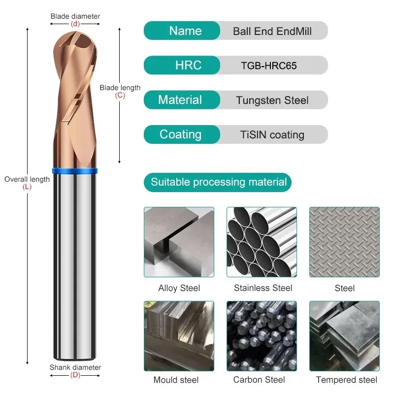 GAMONT TGB-HRC65 4F Color Circle Ball End Mill Tungsten Steel Carbide Alloy Coating Milling Cutter CNC Mechanical Endmills Tools