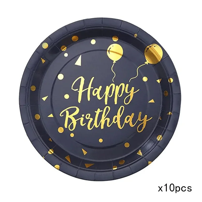 Zwart goud verjaardag wegwerpservies set papieren borden kopjes servetten tafelkleed geschikt voor verjaardagsfeestjes en bruiloften.