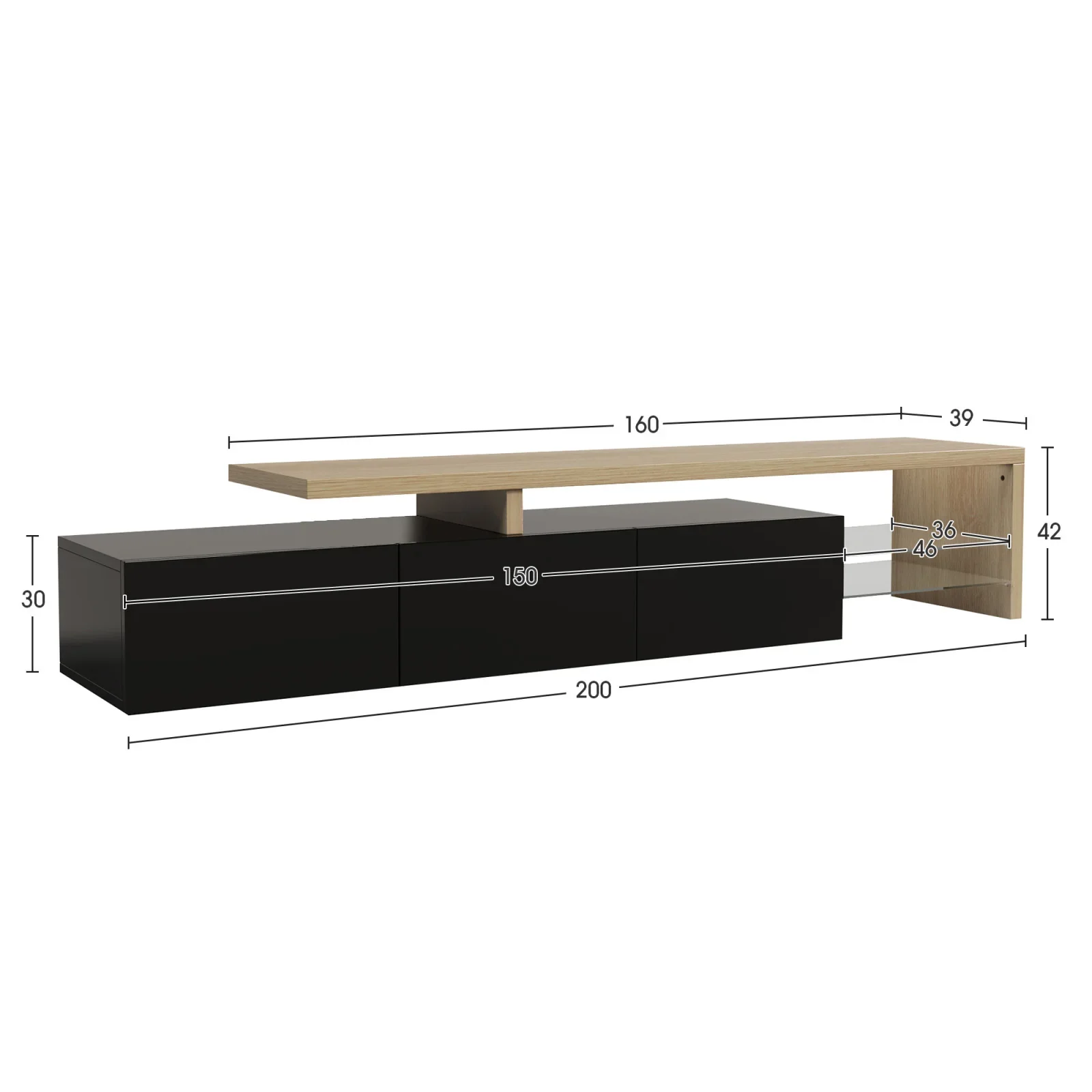 Rosahqnda TV-kast met LED, 200x39x42cm, TV-lowboard, TV-standaard, TV-meubel, TV-dressoir, woonkamer, eetkamer