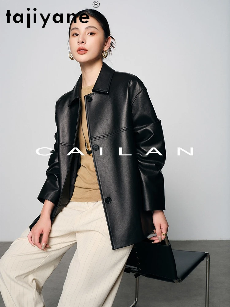 TAJIYANE Oryginalna kurtka ze skóry owczej damska, płaszcz typu trencz średniej długości, stylowe kurtki ze skóry naturalnej, kolekcja jesień 2026, odzież damska, kurtka skórzana