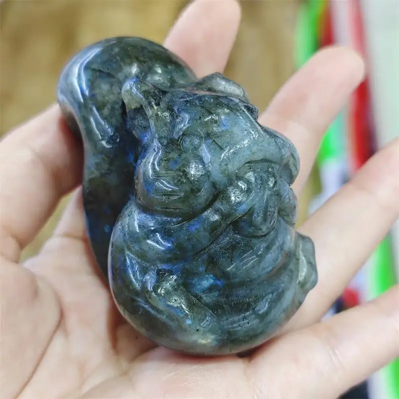Natural Labradorite Squirrel Carving Crystal Healing Halloween Gift Festival Craft For Decoration 1pcs