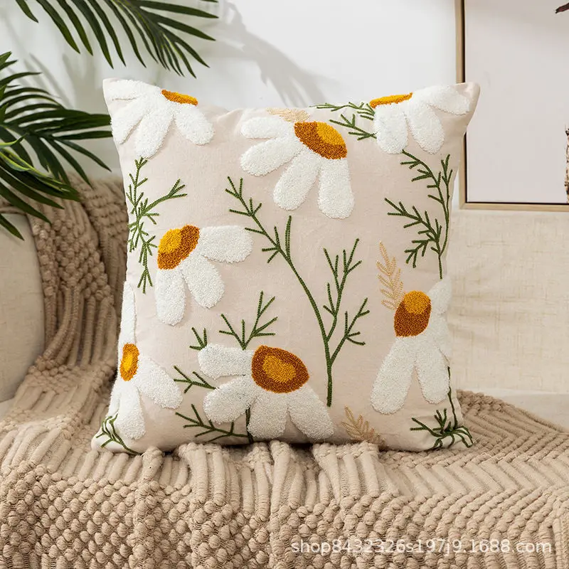 Linen and cotton cushion cover with dandelion embroidery for home decoration, cushion cover for sofa, high fashion