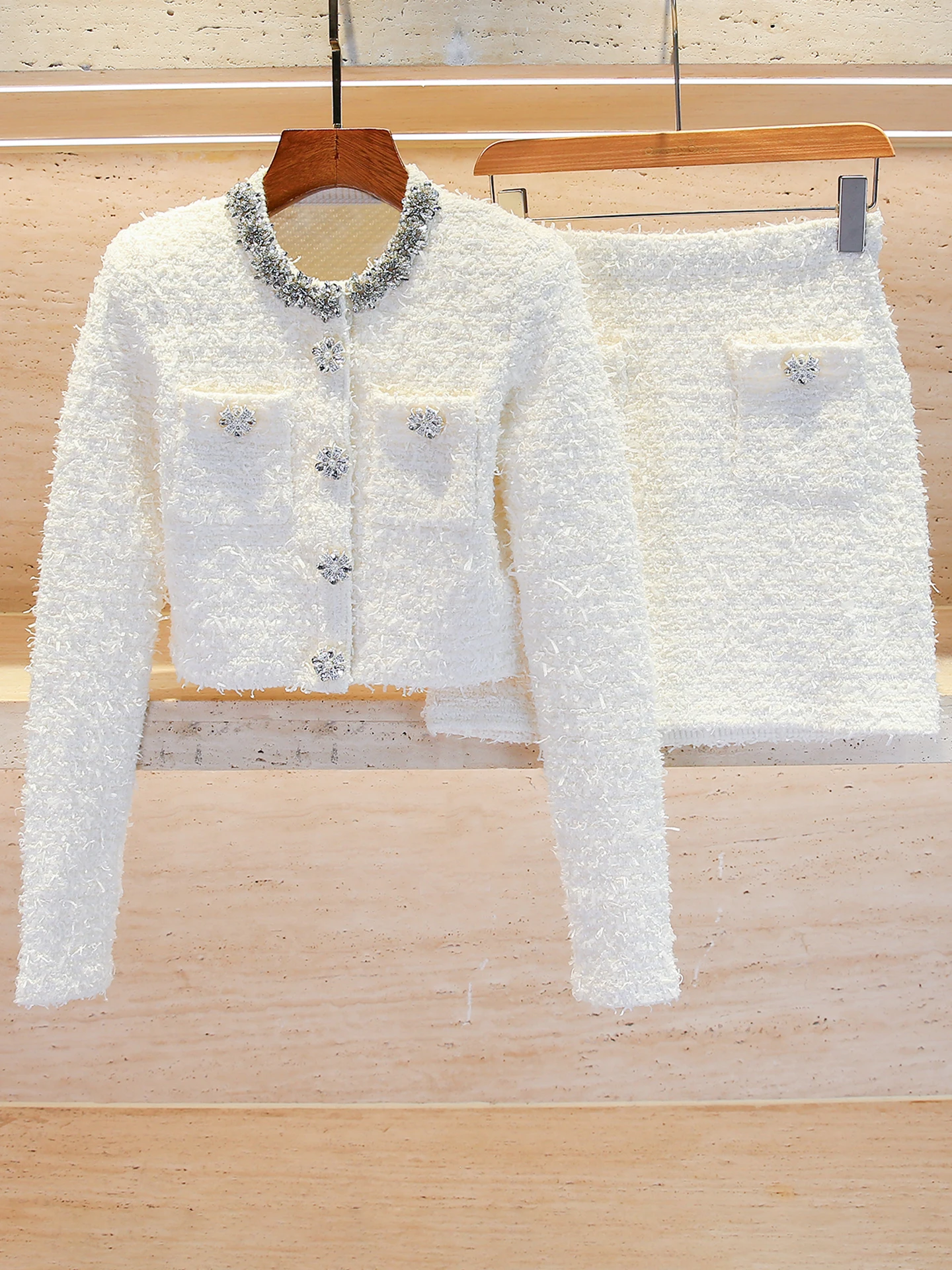 

2025 Autumn French Diamond Knit Cardigan Skirt Set Women Solid Color Outfit suit for women female blazer sets with skirt