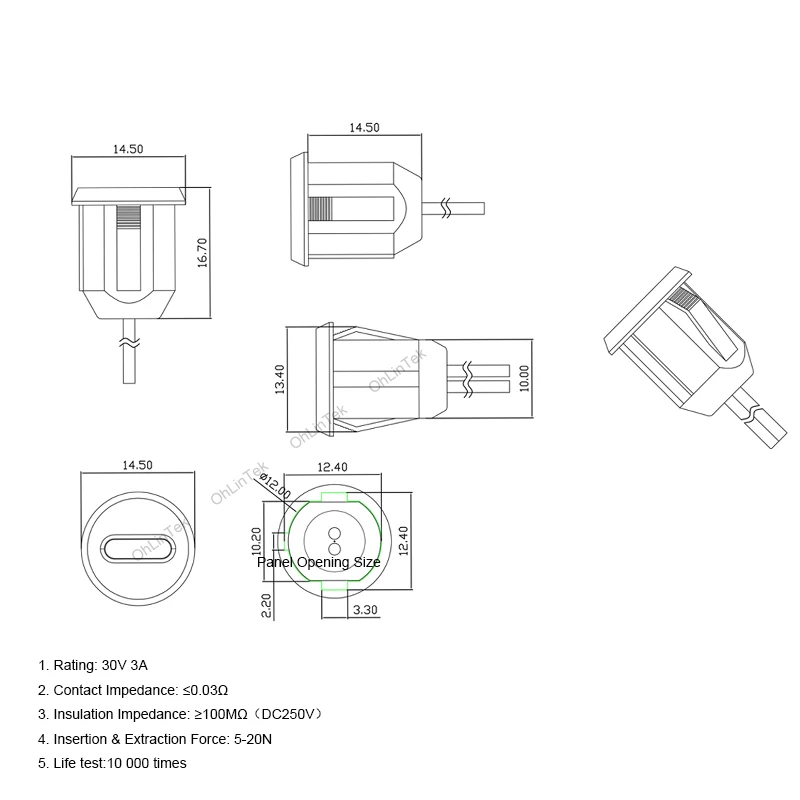 Гнездовой разъем типа C к 2-контактному кабелю быстрой зарядки PH2.0 3A 30 В Водонепроницаемый гнездовой разъем USB-C Высокоточный порт Гайка Защелкивающая пластина