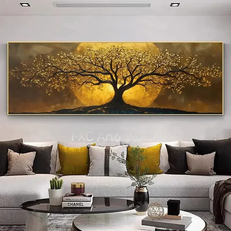 1PC frameless 1pc Enchanting Moonlit Tree Canvas Wall Art - Vibrant Golden Full Moon & Silhouette Landscape, Waterproof & Odorle