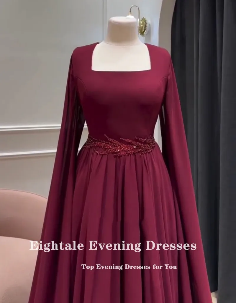 Eightale Arabische Abendkleider für Hochzeit, Party, Chiffon, Perlen, A-Linie, individuelle Flügelärmel, Burgunderrot, muslimische Abschlussball-Party-Kleider
