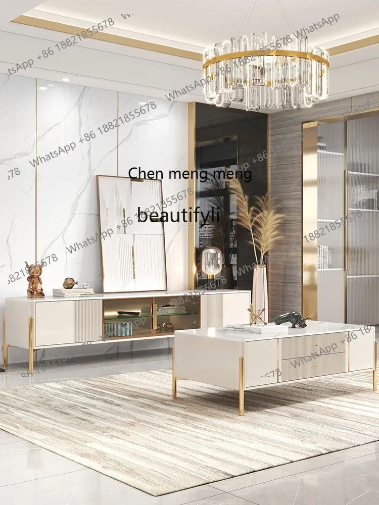 new yj Light Luxury Stone Plate TV Cabinet and Tea Table Combination Modern Simple Small Apartment High-End TV Bench for Bedroom