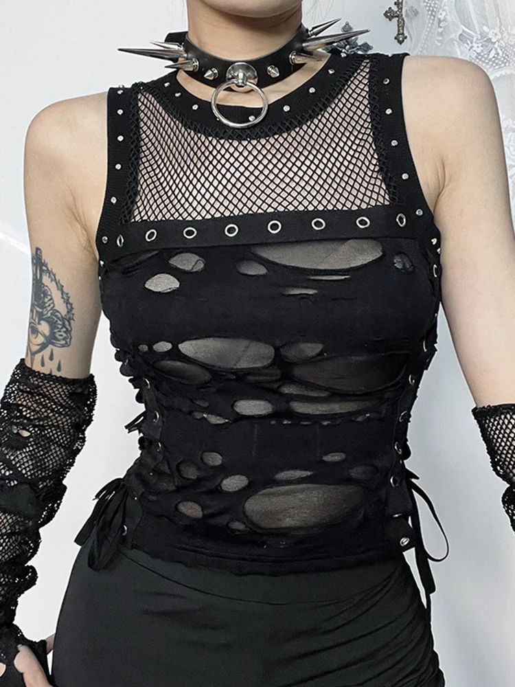 AltGoth Cyber Y2k Hole Vest Women Streetwear Harajuku Vintage Gothic Sexy O-neck Mesh Patchwork See Through Crop Tank Tops Femme