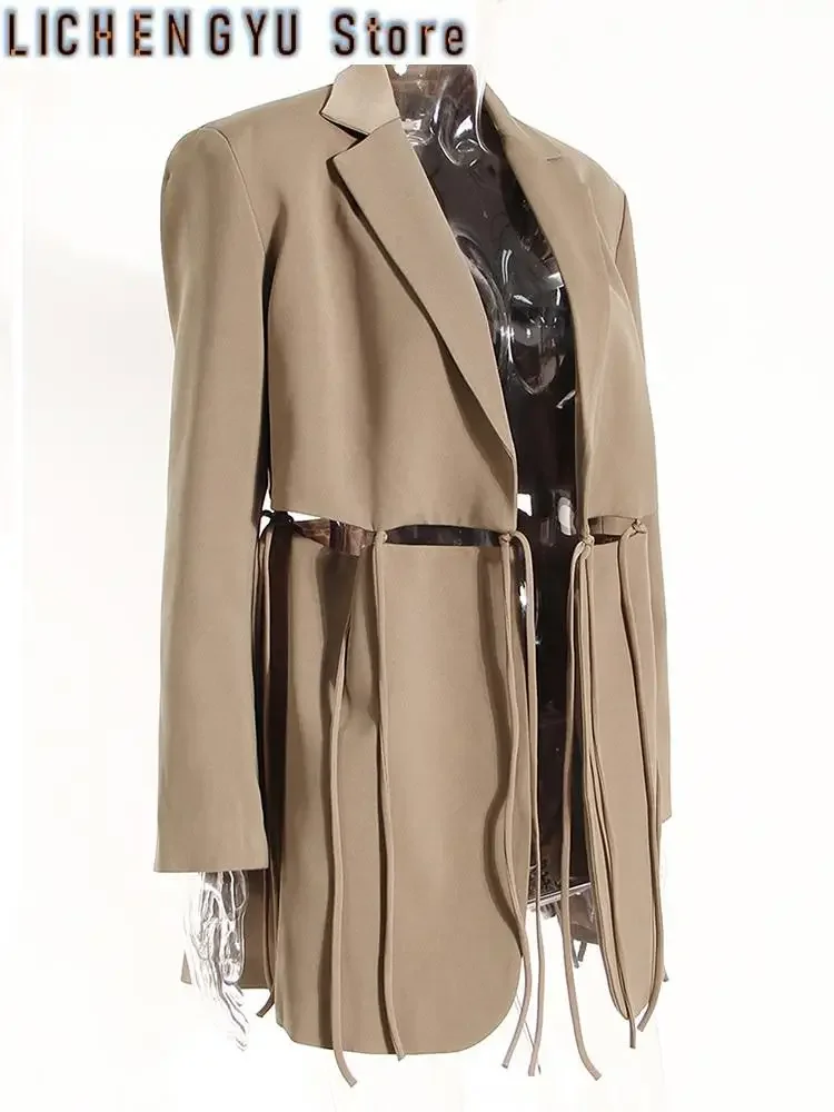 

Women Khaki Bandage Hollow Out Casual Blazer New Lapel Long Sleeve Loose Fit Jacket Fashion Spring Autumn